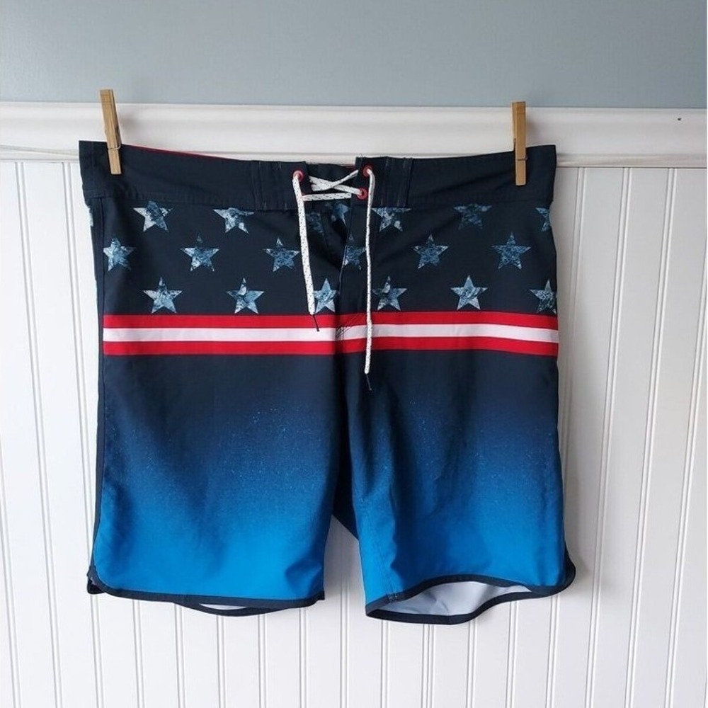 Burnside Mens Patriotic American Flag Board Shorts Blue Stars Swim Trunks 36